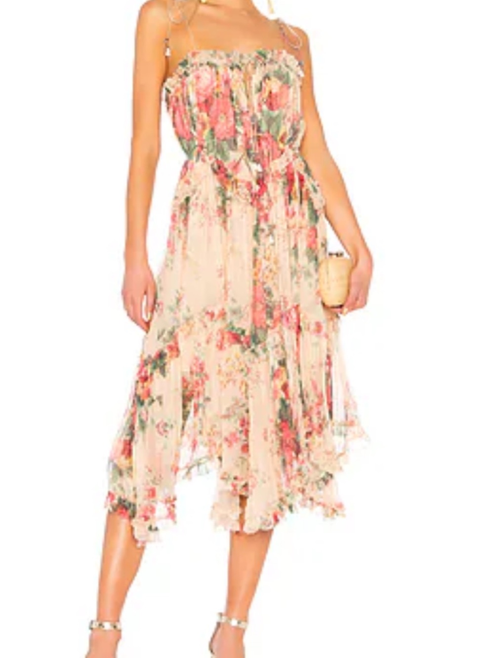 Zimmermann Cream Floral Midi Dress with Pink and Green Accents